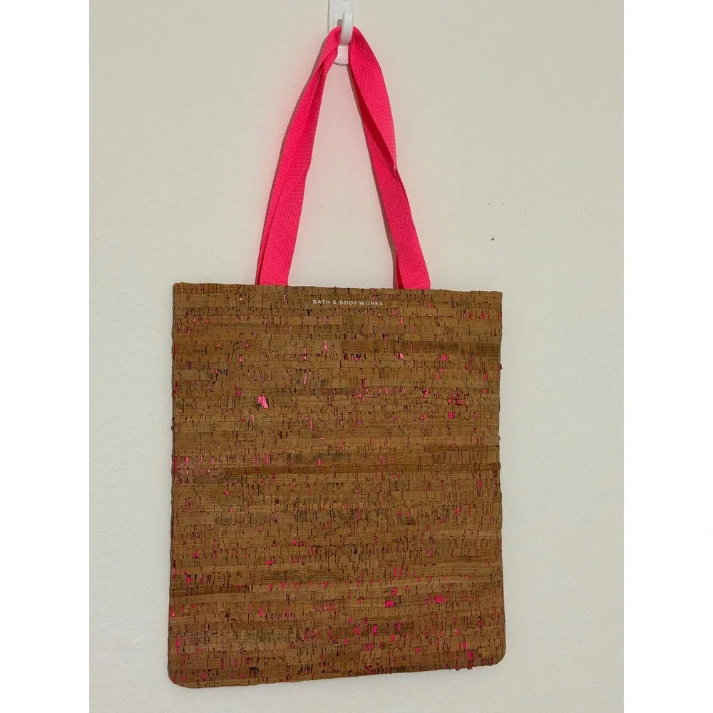 Bath & Body Works Cork Tote Bag Neon Pink Metallic Flecked Reusable Gift Bag NWT
